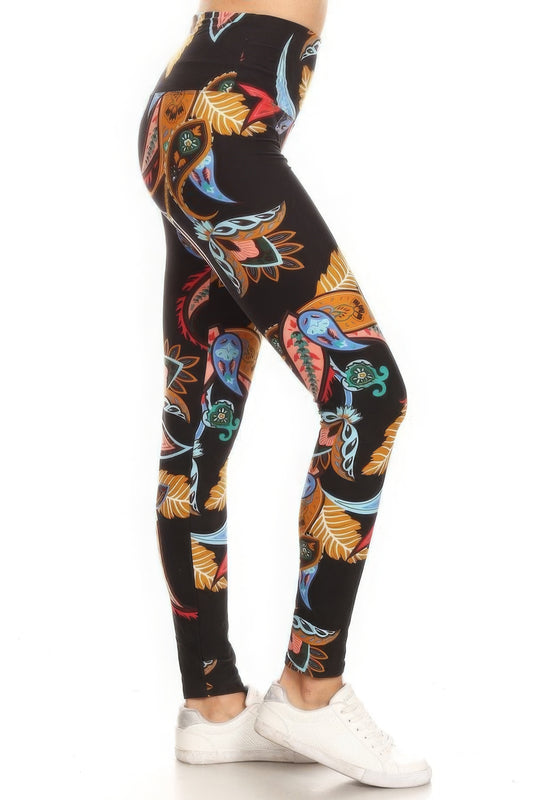 5-inch Long Yoga Style Banded Lined Paisley Floral Printed Knit Legging